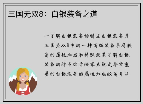 三国无双8：白银装备之道